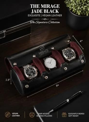 M Mirage Luxury Travel Watch Roll Case for Men, 3-Slot Watch Organizer & Display | Black Leather thumbnail 5