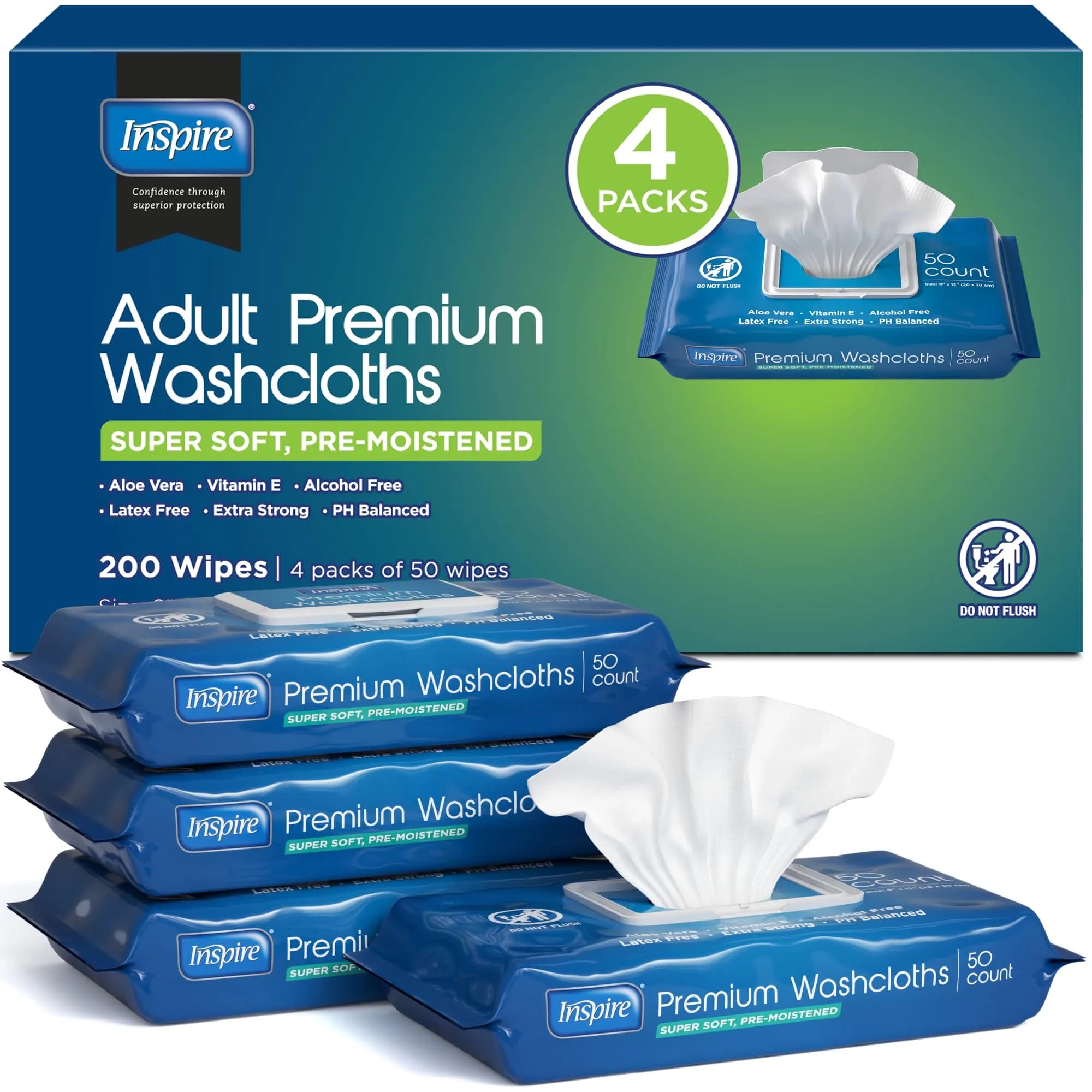 Inspire Adult Wet Wipes, Wash Cloths 200 Count | Hypoallergenic, Alcohol-Free, pH Balanced for Sensitive Skin - main product image
