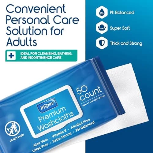 Inspire Adult Wet Wipes, Wash Cloths 200 Count | Hypoallergenic, Alcohol-Free, pH Balanced for Sensitive Skin thumbnail 2