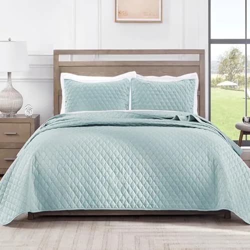 Exclusivo Mezcla Reversible Full Queen Quilt Bedding Set Light Blue | Lightweight Bedspreads with 2 Pillow Shams, Soft Microfiber, All Season Bed Coverlets for Bedroom Guest Room, 90x96 Inch thumbnail 1
