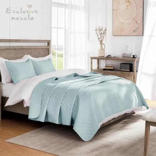 Exclusivo Mezcla Reversible Full Queen Quilt Bedding Set Light Blue | Lightweight Bedspreads with 2 Pillow Shams, Soft Microfiber, All Season Bed Coverlets for Bedroom Guest Room, 90x96 Inch thumbnail 2