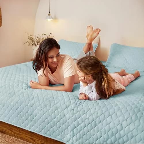 Exclusivo Mezcla Reversible Full Queen Quilt Bedding Set Light Blue | Lightweight Bedspreads with 2 Pillow Shams, Soft Microfiber, All Season Bed Coverlets for Bedroom Guest Room, 90x96 Inch thumbnail 3