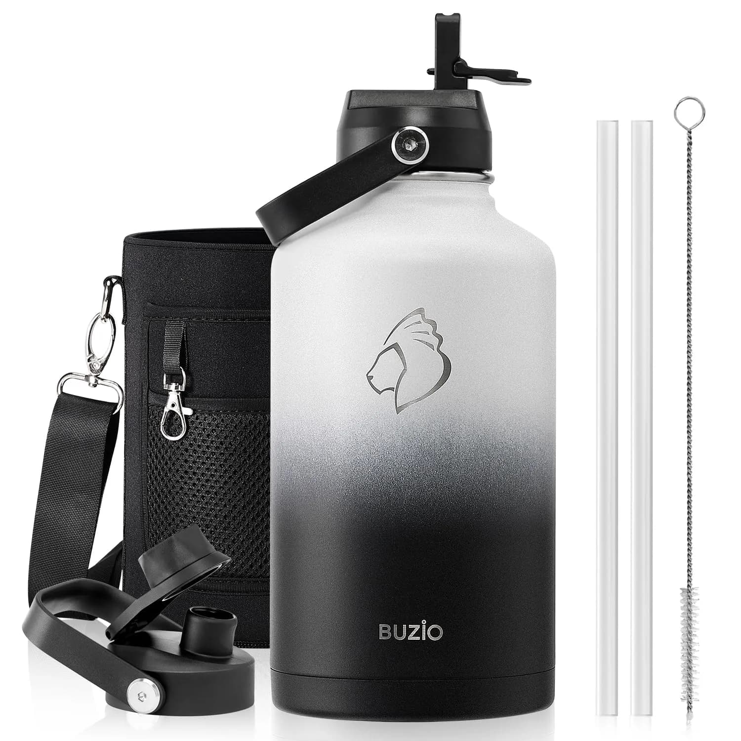 BUZIO 64 oz Insulated Stainless Steel Water Bottle with Dust-proof Lids | Keeps Cold 48H & Hot 24H | BPA-Free