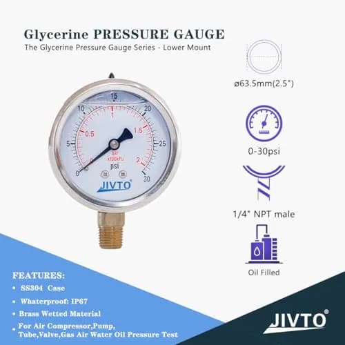 JIVTO Pressure Gauge Glycerin Liquid Filled 2.5" | Precise & Durable for Industrial Use thumbnail 2