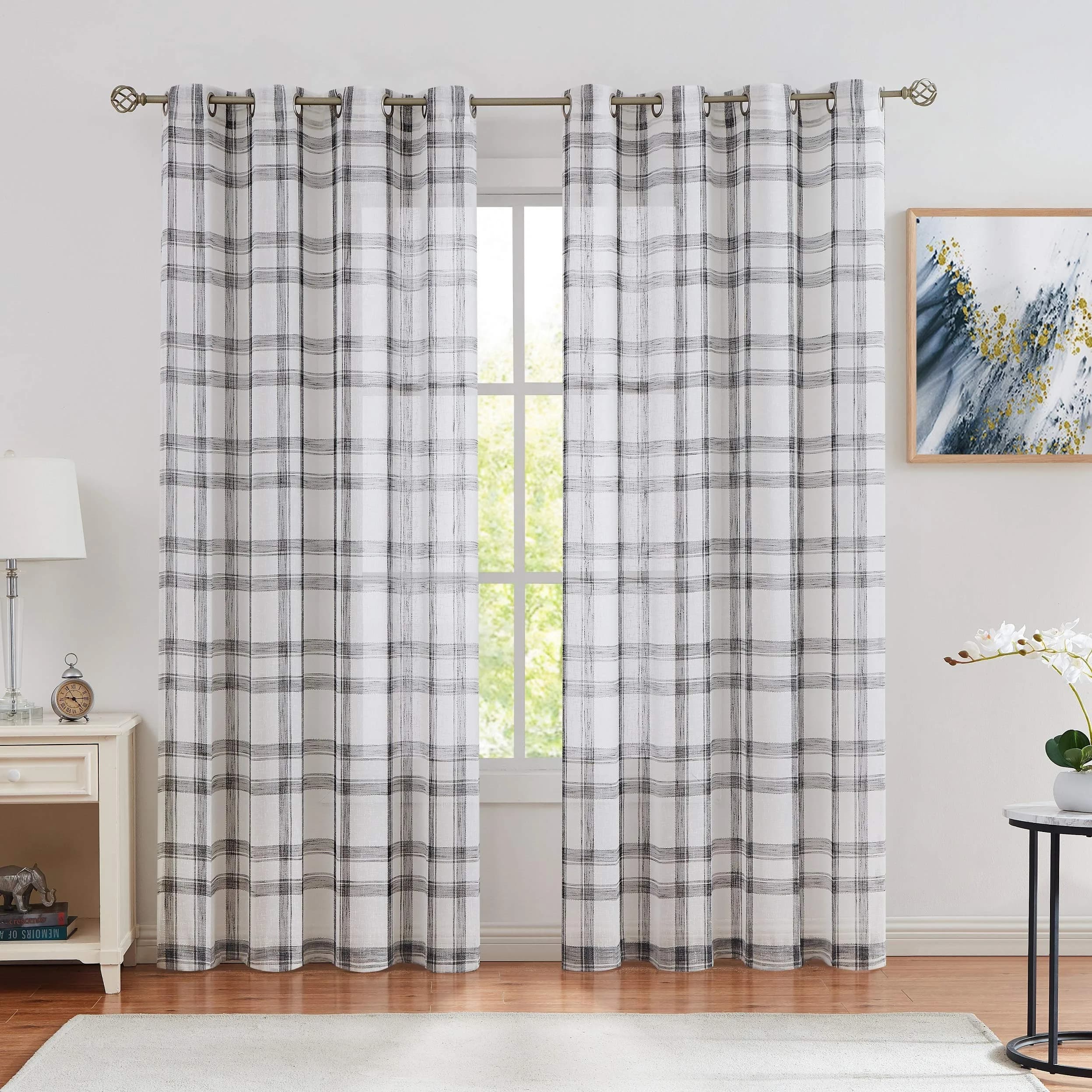 Randall Farmhouse Buffalo Check Semi-Sheer Curtain Panels 137cm x 213cm (54"W x 84"L) | Rustic Linen-Blend Light Filtering