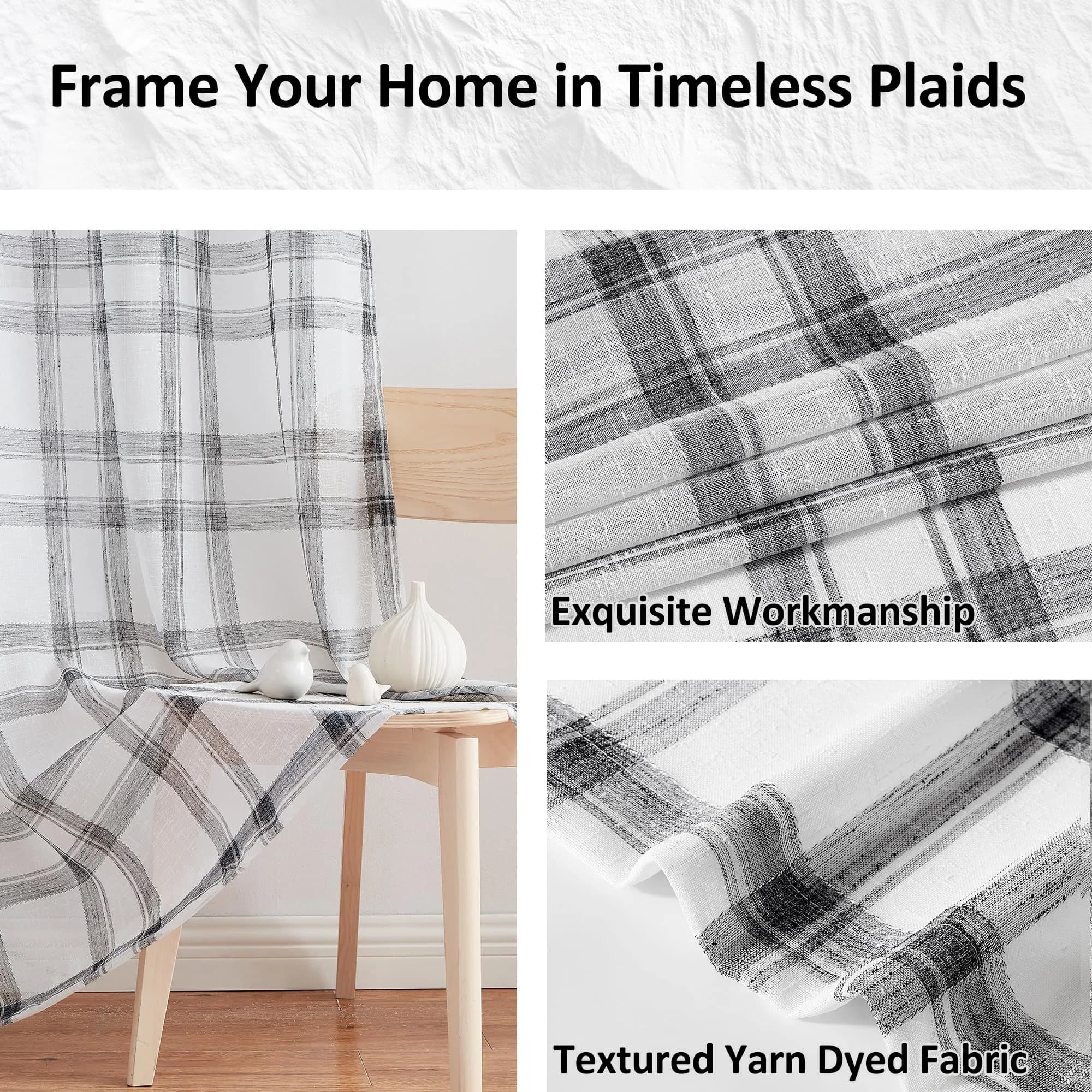 Randall Farmhouse Buffalo Check Semi-Sheer Curtain Panels 137cm x 213cm (54"W x 84"L) | Rustic Linen-Blend Light Filtering - view 3