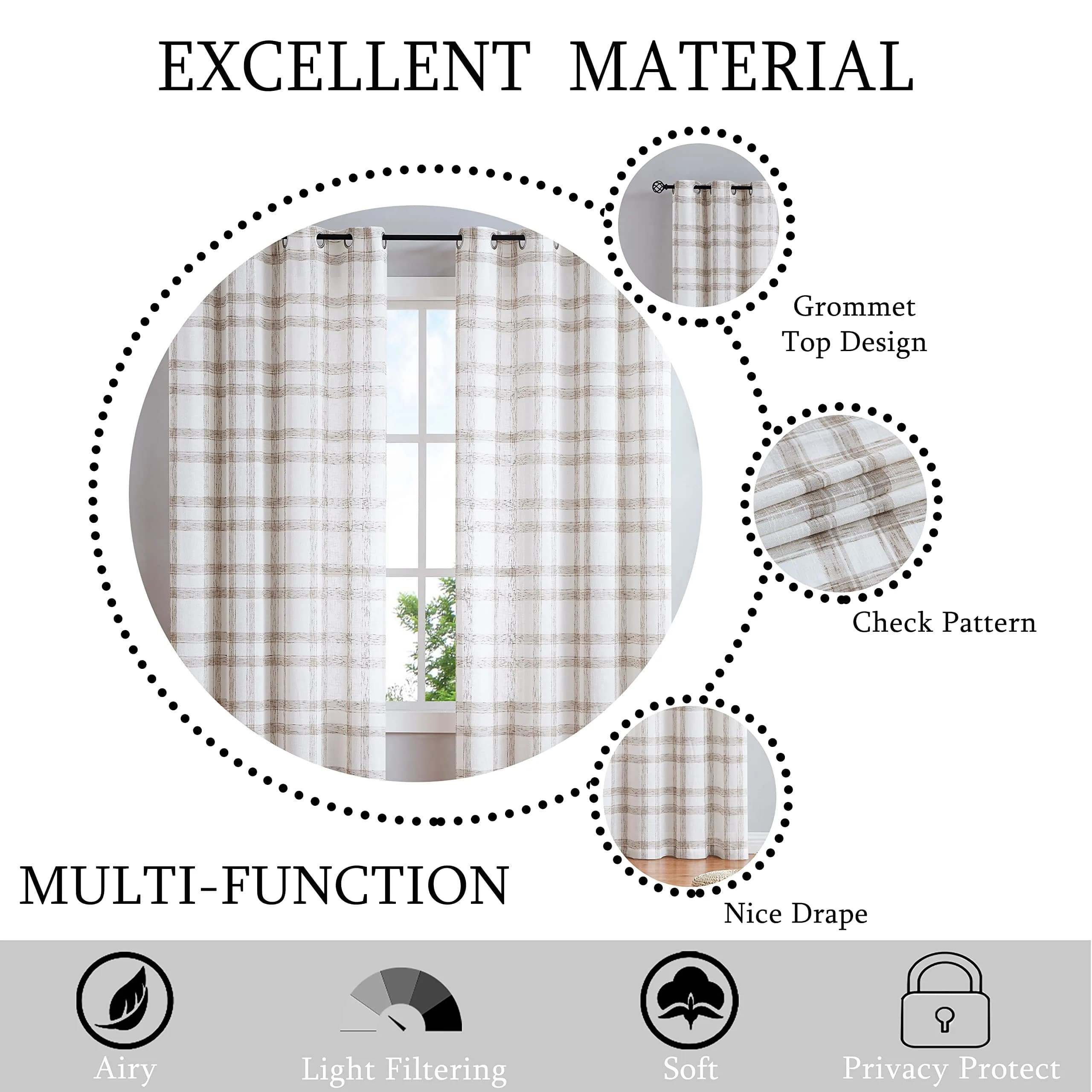 Randall Buffalo Check Semi-Sheer Curtain Panels 241 cm (95") | Farmhouse Style Light Filtering - view 7