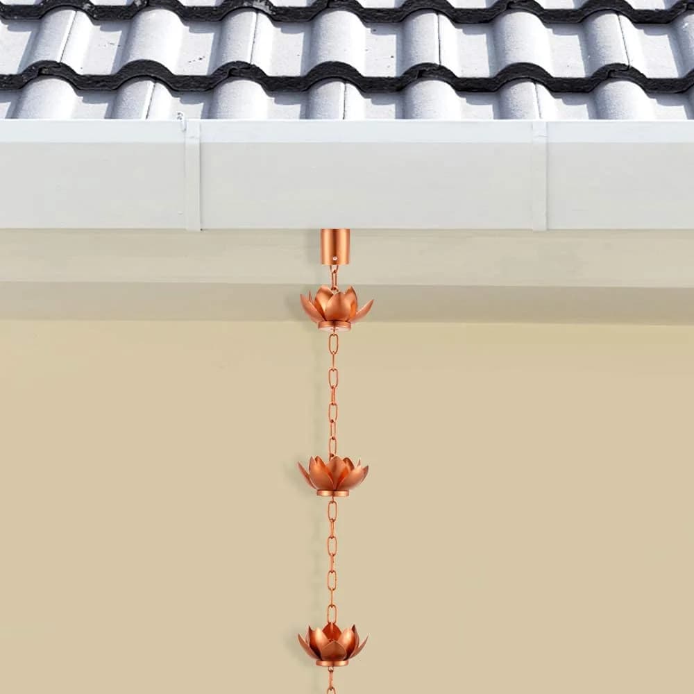 Oak Leaf Lotus Rain Chain 2.59m (8.5ft) with Adapter | Copper Powder Coated Decorative Gutter Downspout Alternative - view 5