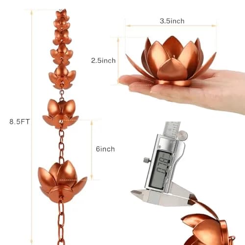 Oak Leaf Lotus Rain Chain 2.59m (8.5ft) with Adapter | Copper Powder Coated Decorative Gutter Downspout Alternative thumbnail 3