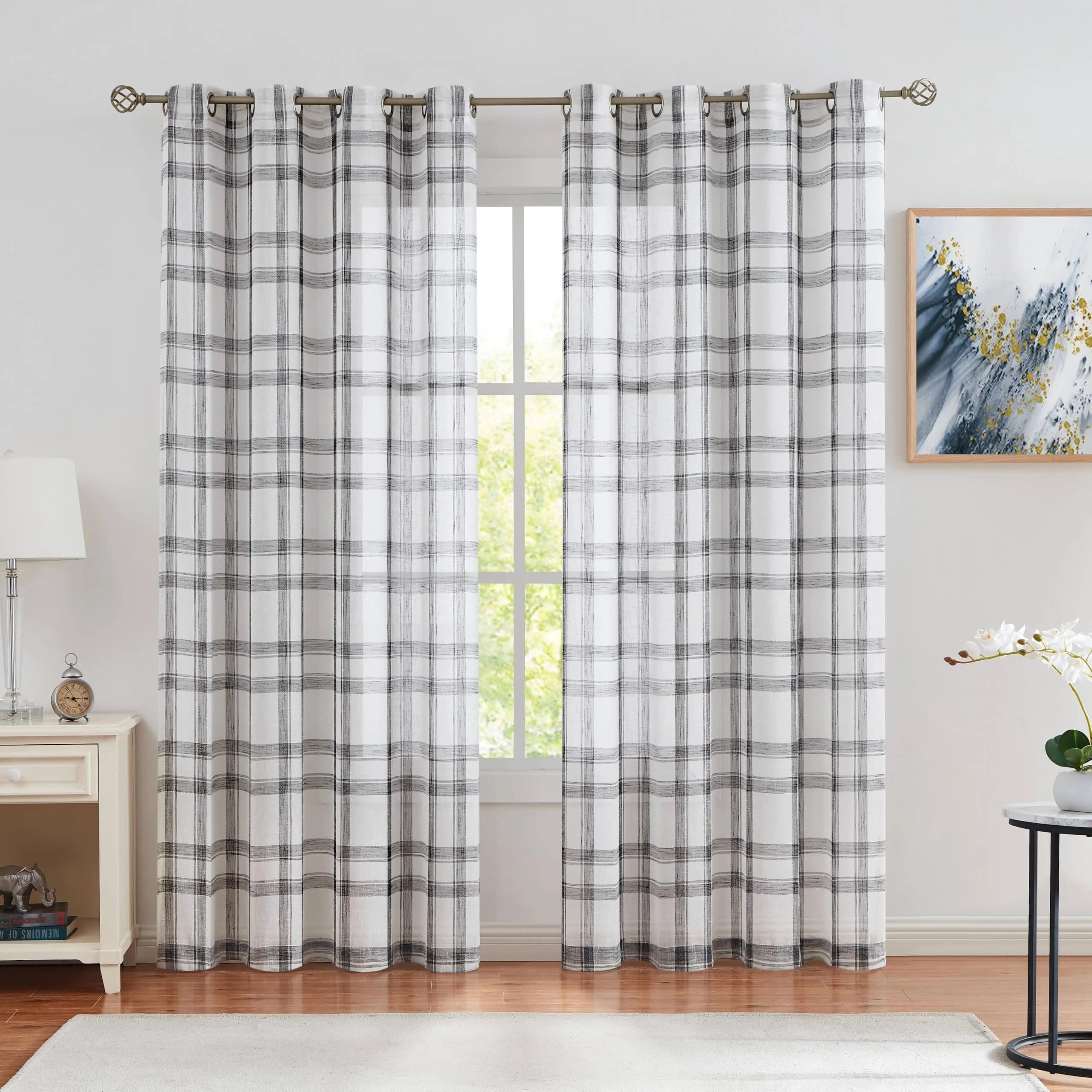 Randall Buffalo Check Semi-Sheer Curtain Panels Black & White 137cm (54") | Farmhouse Style Light Filtering Drapes - main product image