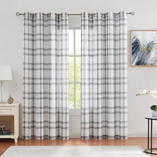 Randall Buffalo Check Semi-Sheer Curtain Panels Black & White 137cm (54") | Farmhouse Style Light Filtering Drapes thumbnail 1
