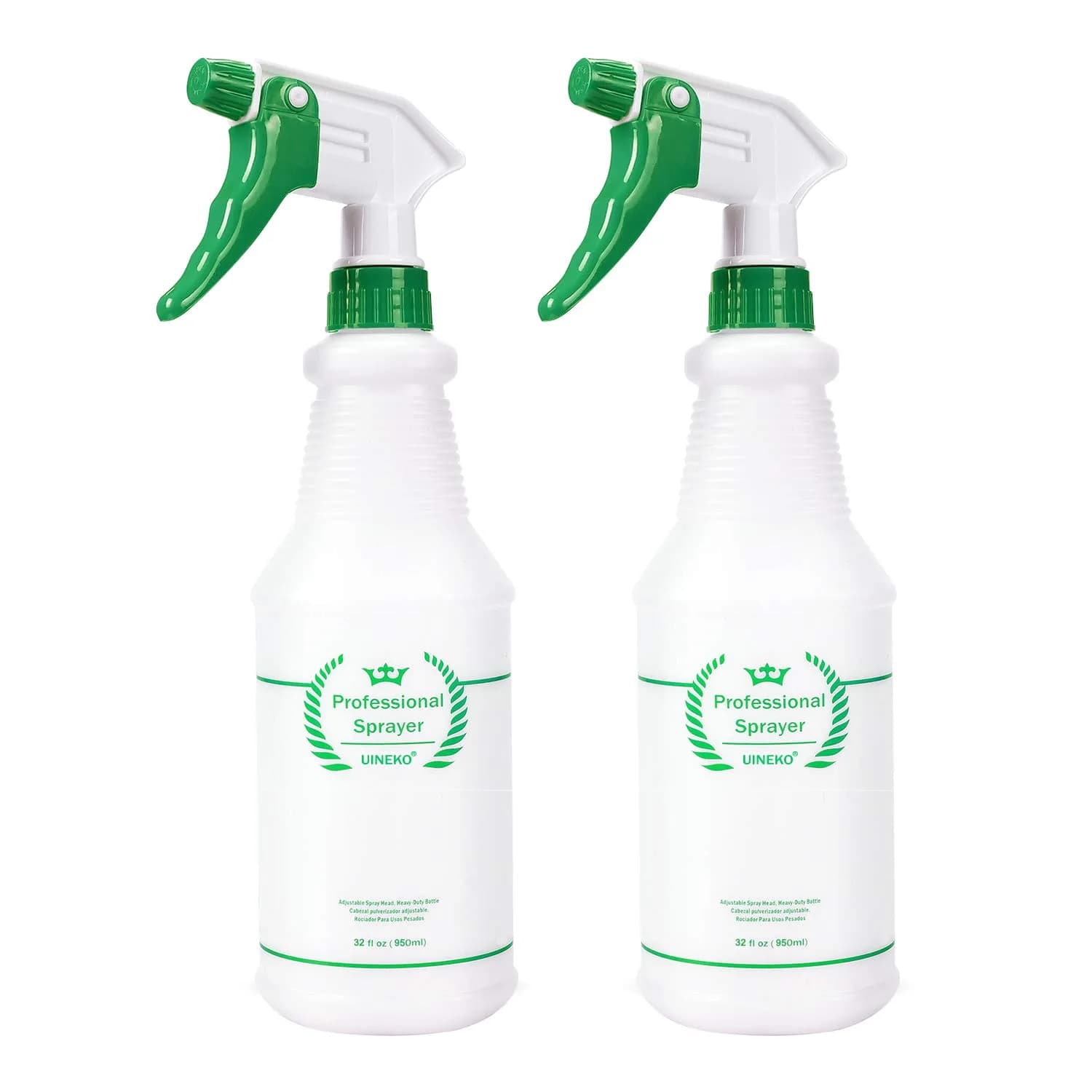 Uineko Heavy Duty Plastic Spray Bottles 2 Pack, 32 Oz | Adjustable Nozzle, Leak-Proof, Chemical Resistant, for Home & Garden — Green