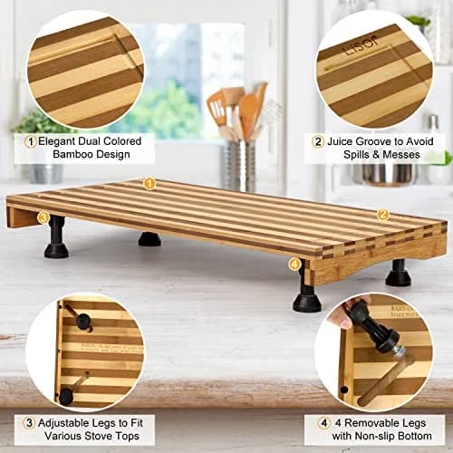 Lynicon Bamboo Stovetop Cover & Countertop Cutting Board 21.3"L x 11.4"W | Adjustable Legs for RV & Kitchen thumbnail 3