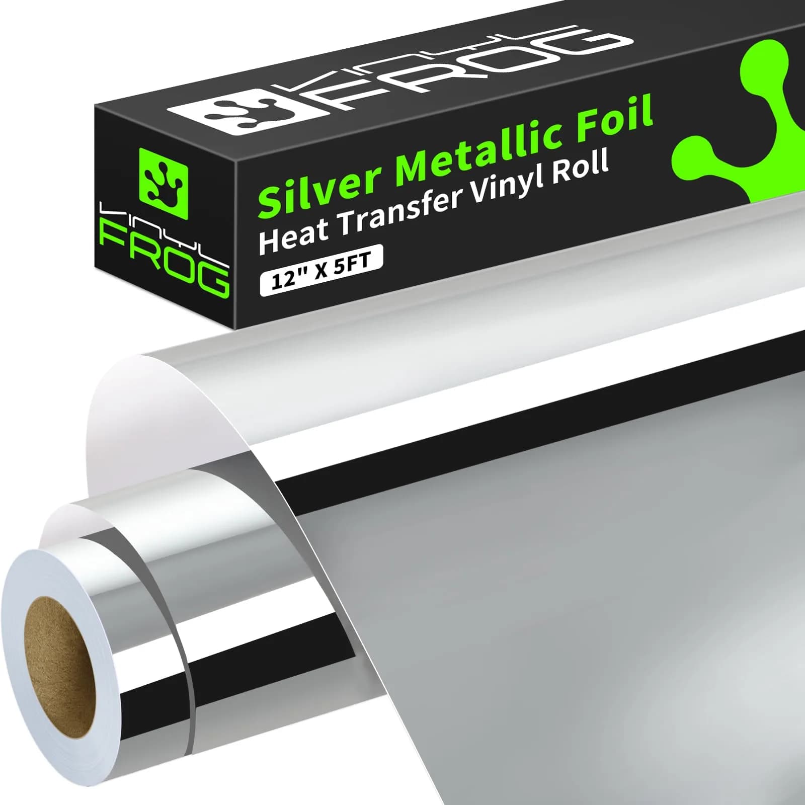 VINYL FROG Silver Metallic Foil Heat Transfer Vinyl 12in x 5ft (30.5cm x 1.52m) | Chrome Iron-On Vinyl for T-Shirts