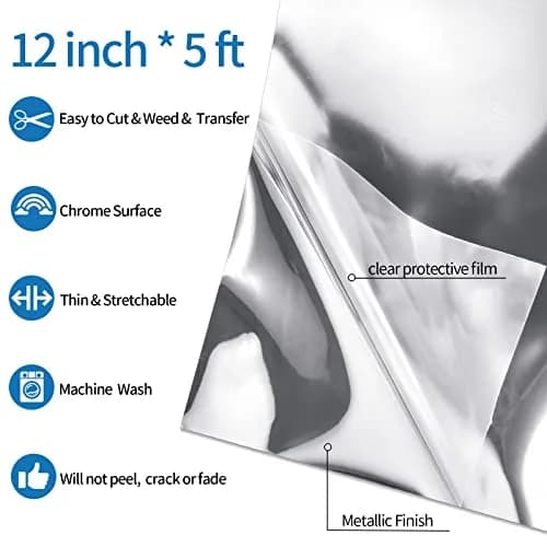 VINYL FROG Silver Metallic Foil Heat Transfer Vinyl 12in x 5ft (30.5cm x 1.52m) | Chrome Iron-On Vinyl for T-Shirts thumbnail 2