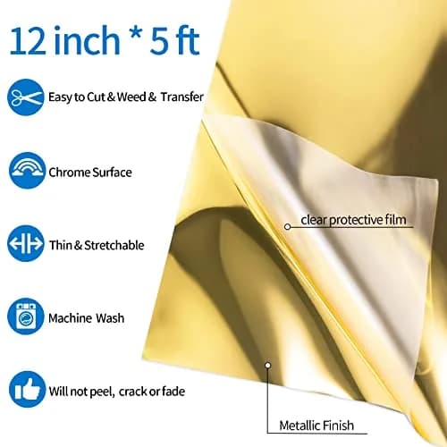 VINYL FROG Gold Metallic Foil Heat Transfer Vinyl Roll 12" x5ft | Chrome HTV for T-Shirts & DIY thumbnail 2