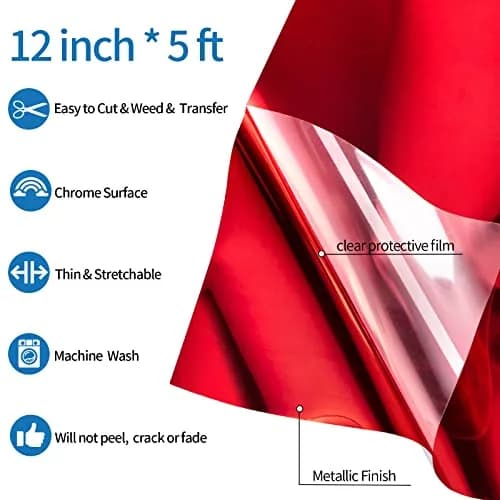 VINYL FROG Red Metallic Foil Heat Transfer Vinyl 12in x 5ft (30.48cm x 1.52m) | Chrome Iron On Vinyl for T-Shirts thumbnail 2