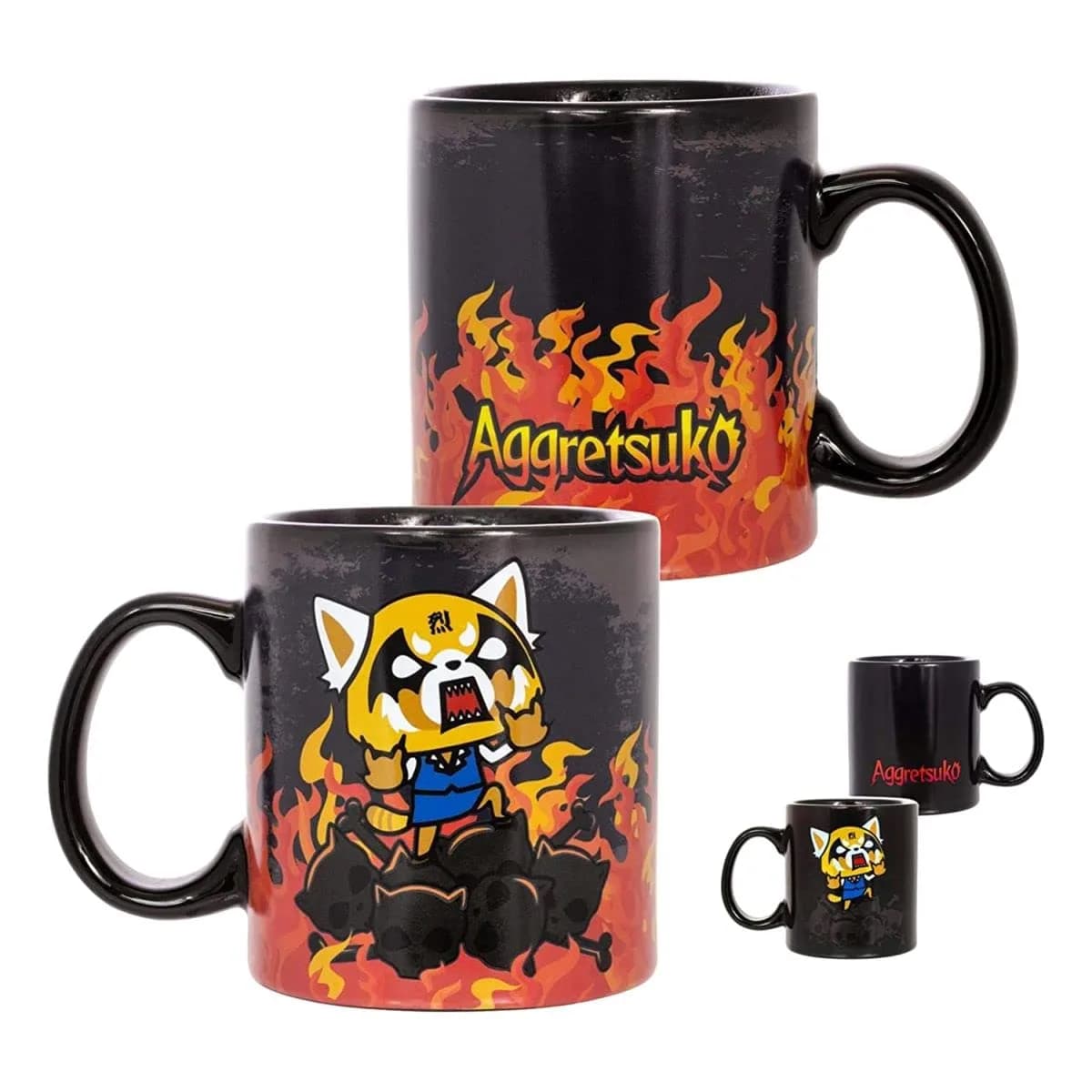 Seven20 Aggretsuko Heat Reveal Fire & Skulls 20oz Ceramic Coffee Mug | Fun Skull & Panda Design — Black