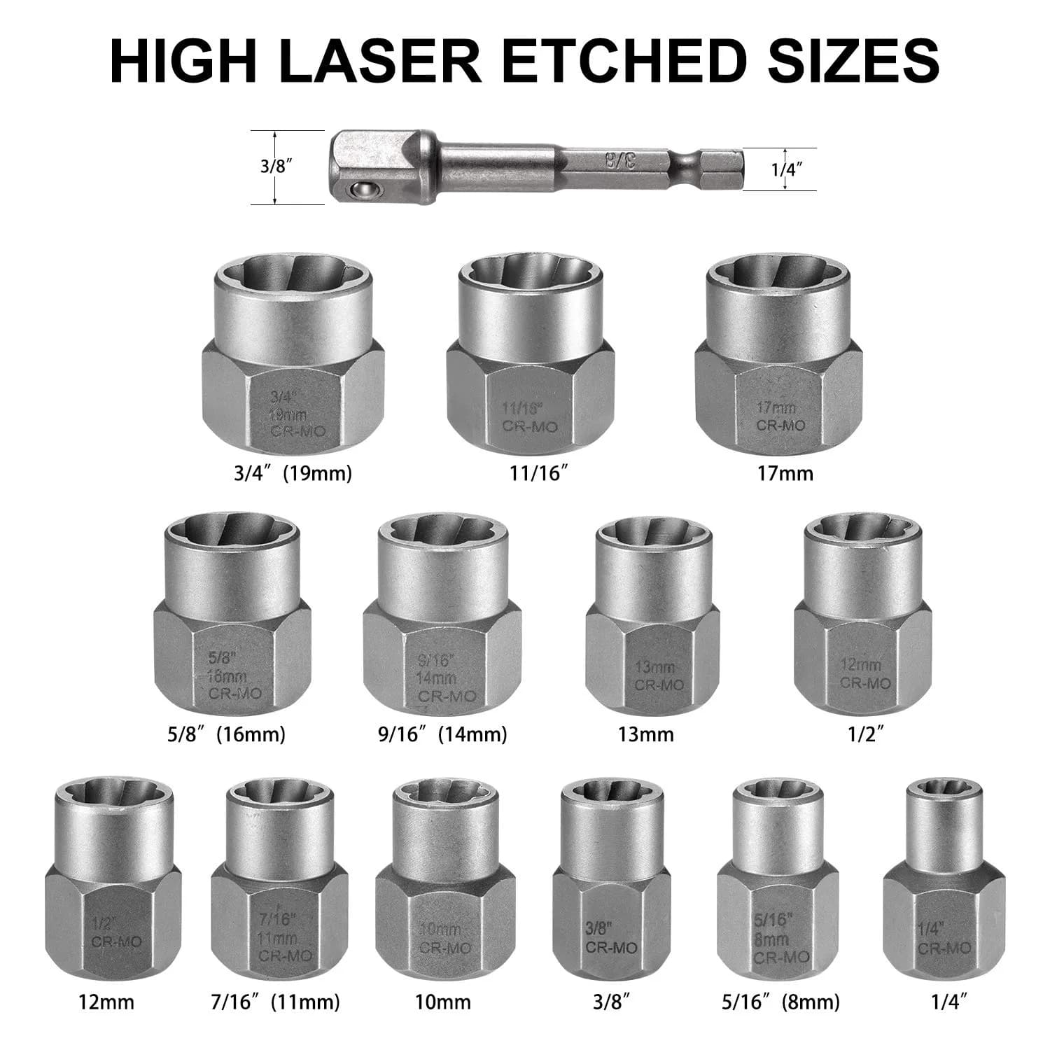 THINKWORK 14-Piece Bolt Extractor Kit, 3/8" Drive, 760g (1.6lb) | Removes Stripped, Rusted, Rounded Fasteners - view 6