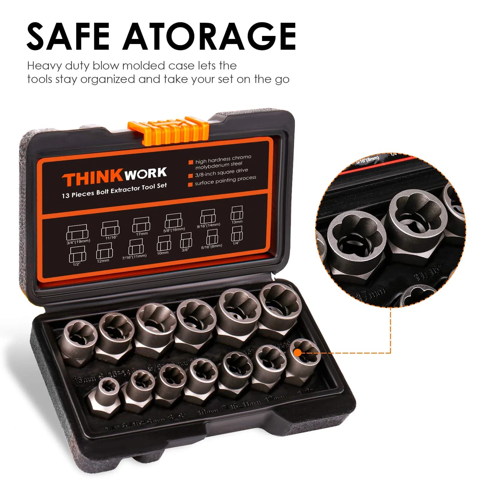 THINKWORK 14-Piece Bolt Extractor Kit, 3/8" Drive, 760g (1.6lb) | Removes Stripped, Rusted, Rounded Fasteners - view 7