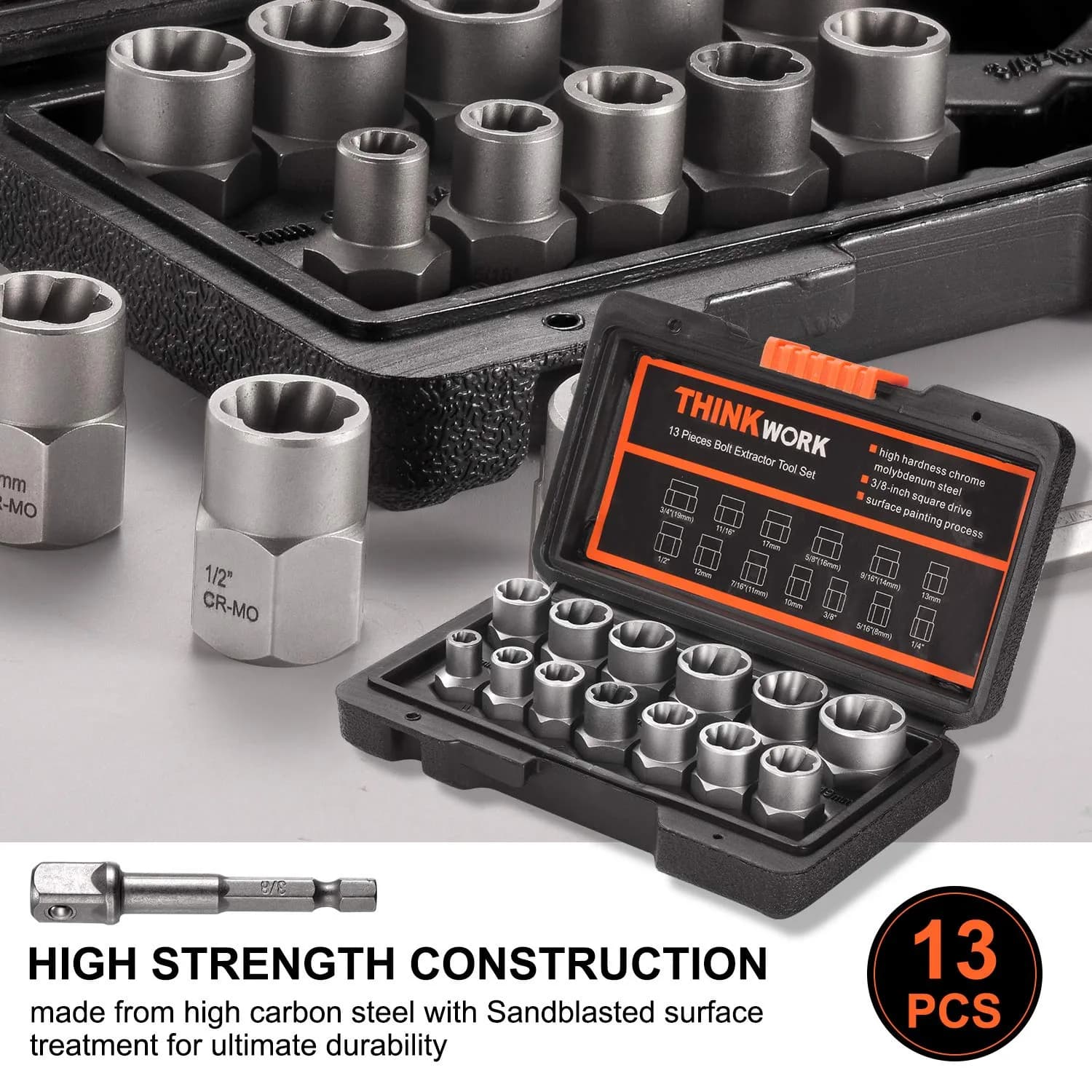 THINKWORK 14-Piece Bolt Extractor Kit, 3/8" Drive, 760g (1.6lb) | Removes Stripped, Rusted, Rounded Fasteners - view 2