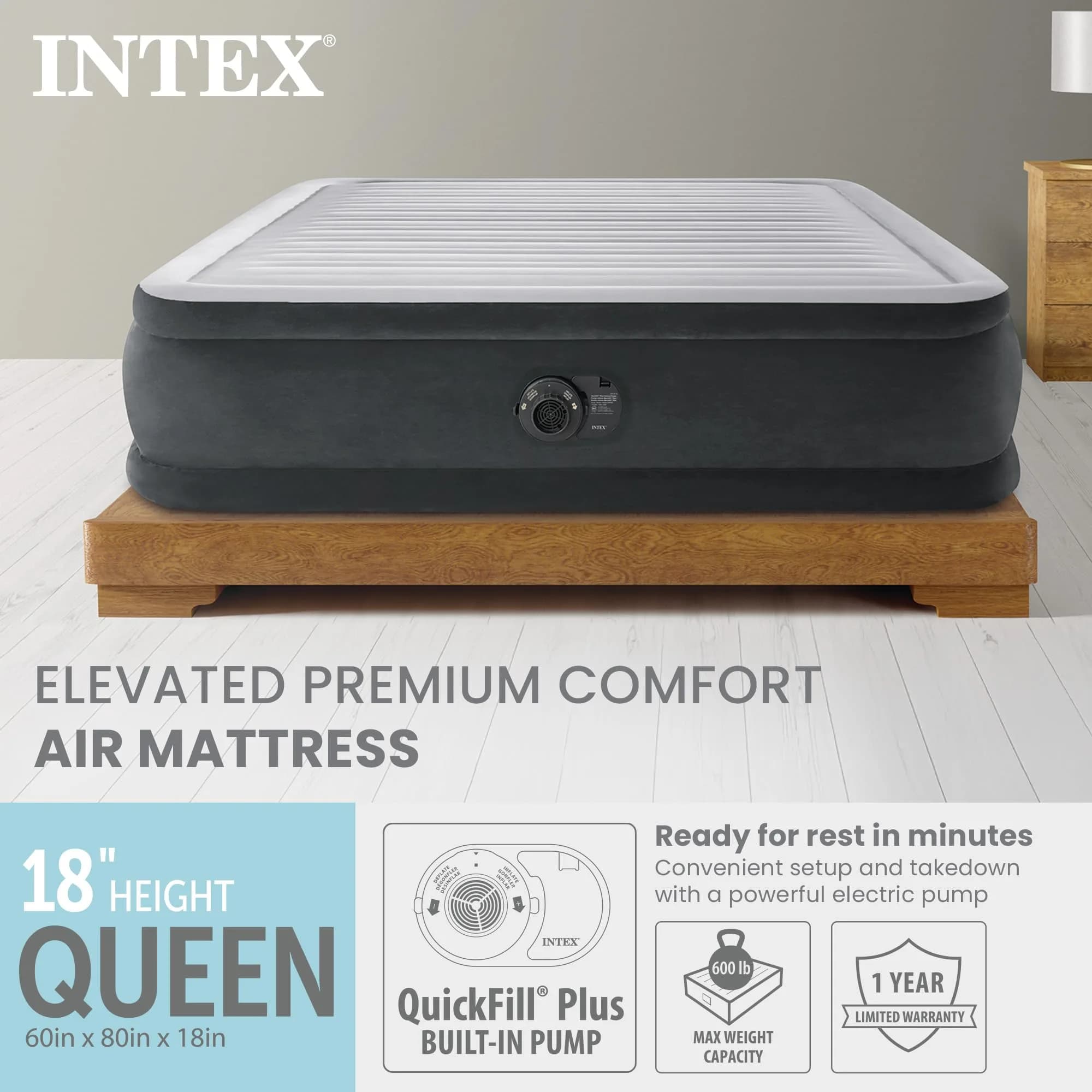 Intex Dura-Beam Deluxe 18" Queen Air Mattress with Built-in Pump | 45.7cm (18") Queen Air Mattress with Built-in Pump - view 2