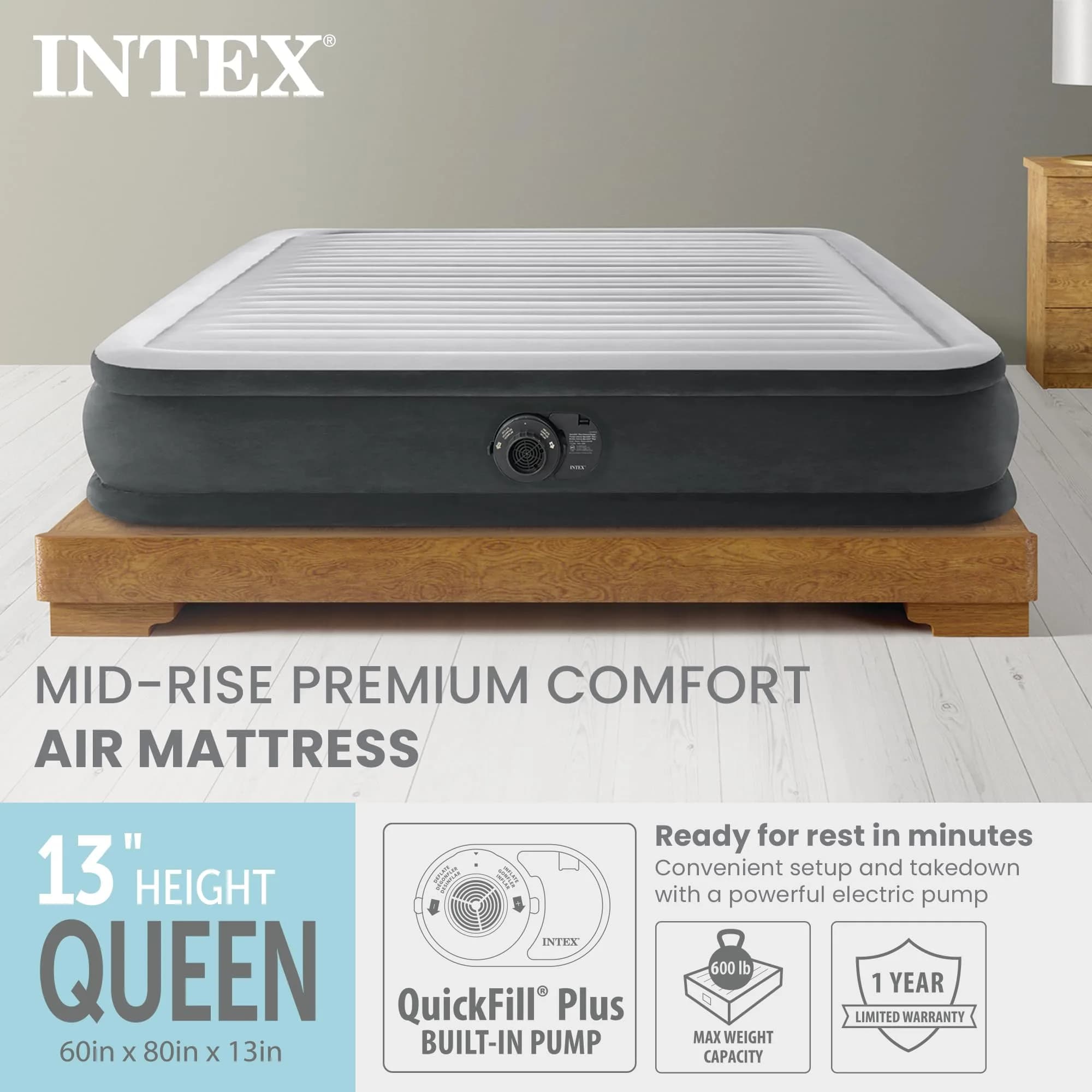 Intex Dura-Beam Deluxe Comfort Plush Air Mattress with Built-in Pump, Queen 203cm x 152cm x 33cm | Supports 272kg - view 2