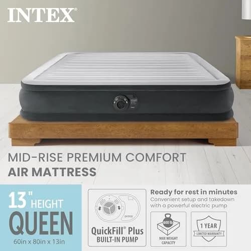 Intex Dura-Beam Deluxe Comfort Plush Air Mattress with Built-in Pump, Queen 203cm x 152cm x 33cm | Supports 272kg thumbnail 2