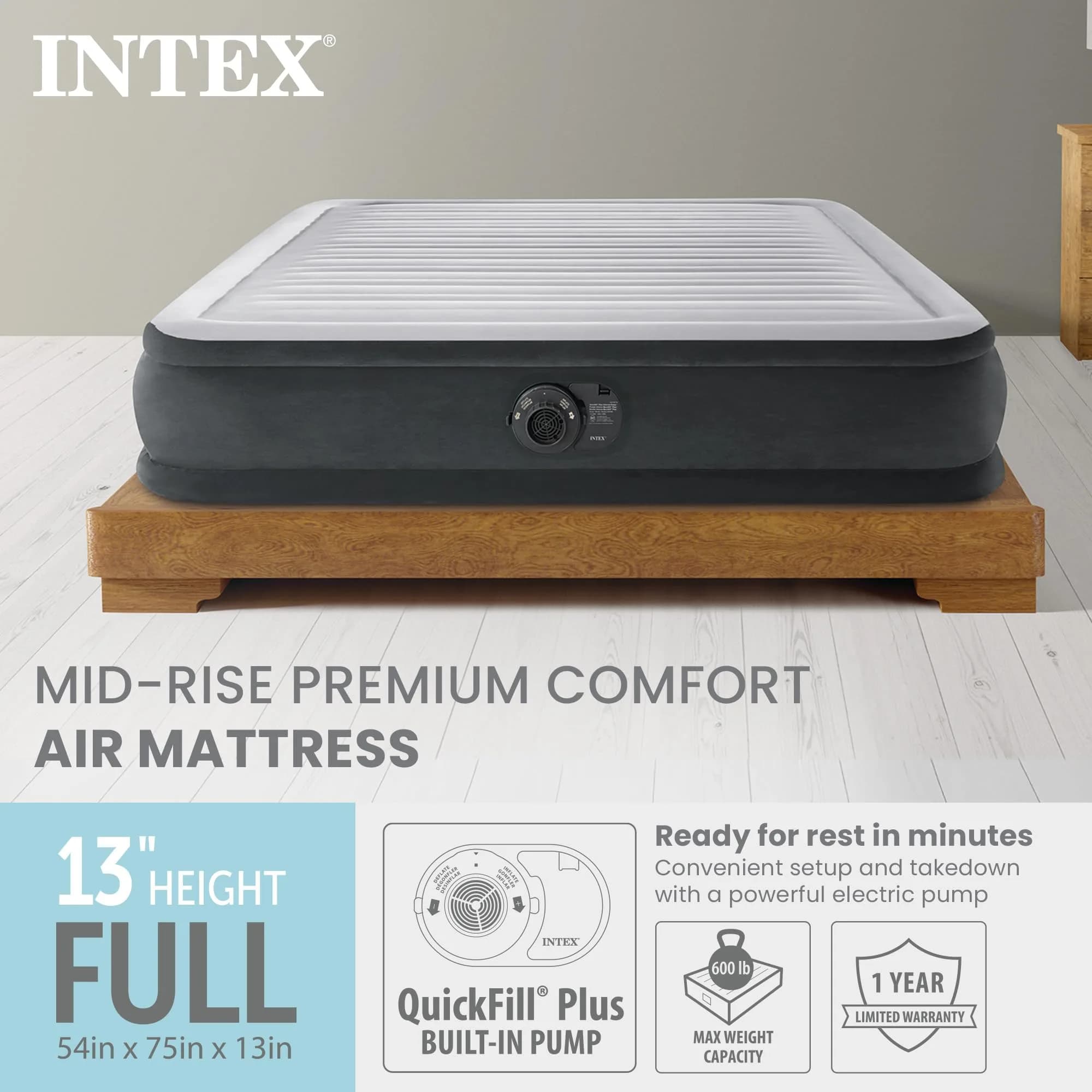 Intex Dura-Beam Deluxe Mid-Rise Air Mattress 13" Full Size | Built-in Pump & Fiber-Tech Construction - view 2
