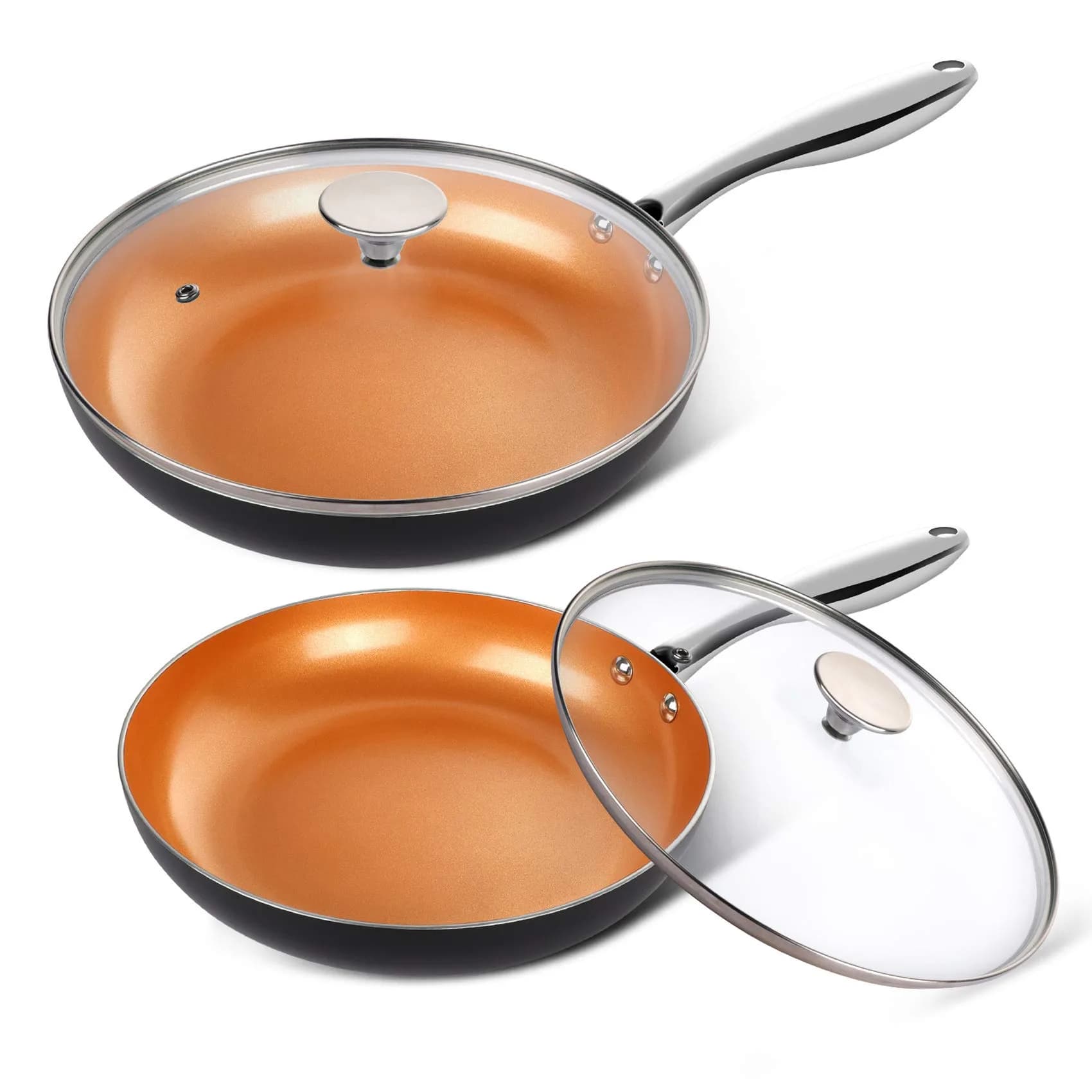 MICHELANGELO Copper Frying Pan Set with Lid 8" & 10" | Nonstick Copper Pans with Glass Lid (110 characters)