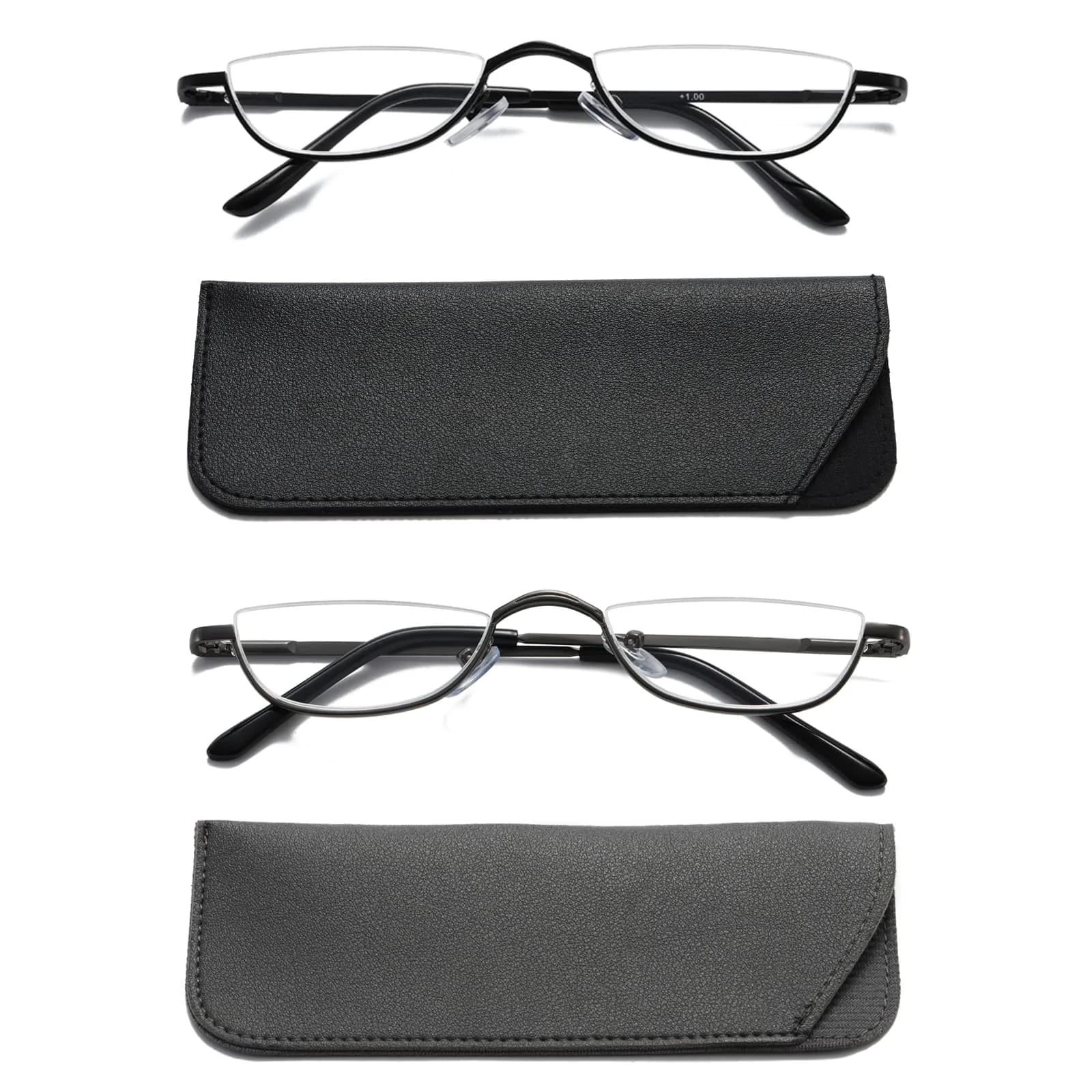 Viseng Half Frame Reading Glasses for Women Men 1.0 Diopter | Slim Metal Semi Rimless — Black+grey