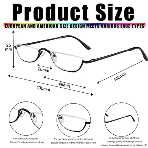 Viseng Half Frame Reading Glasses for Women Men, Slim Half Moon Metal Semi Rimless 3.5 Diopters | Flat Top Design thumbnail 4