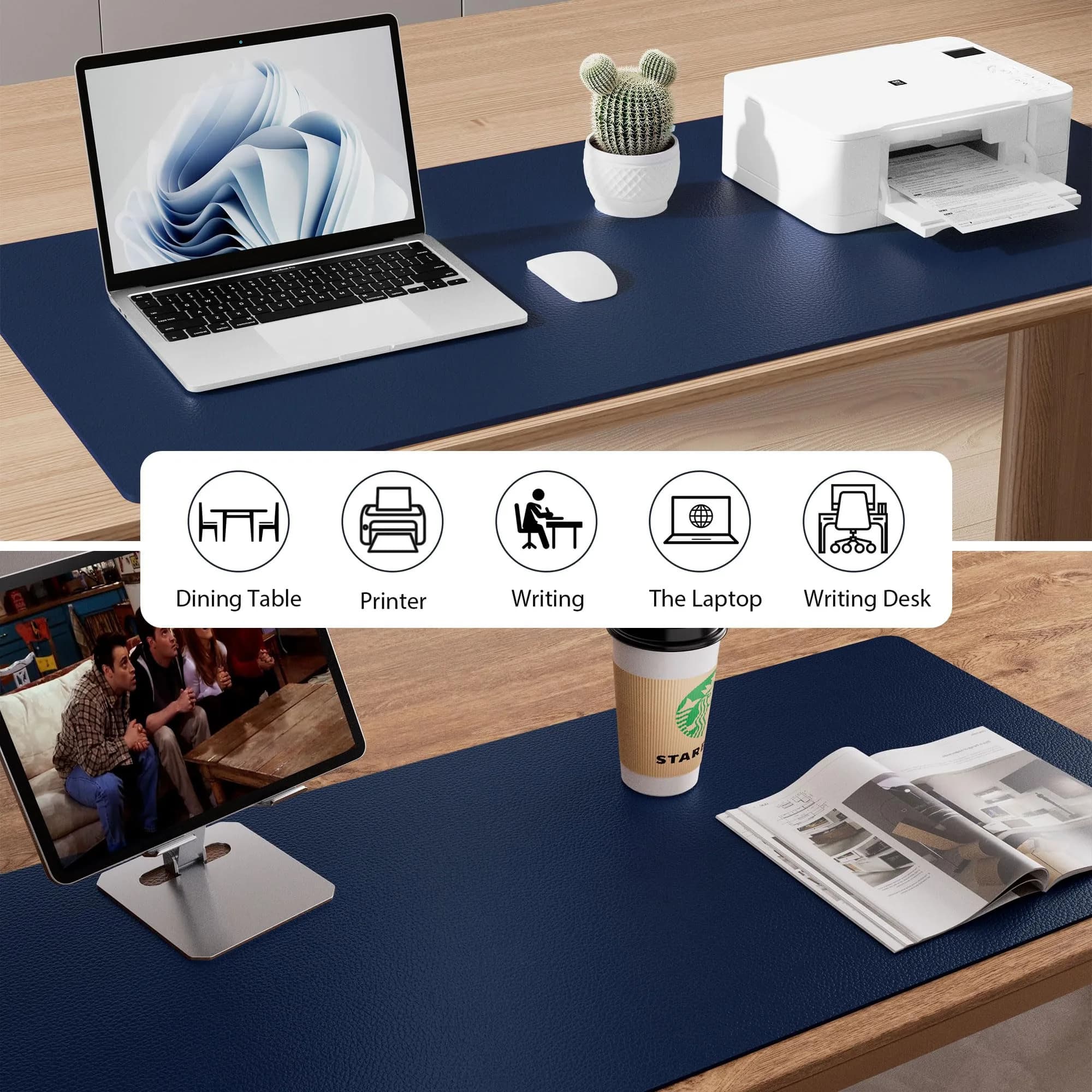 Aothia Dark Blue 36" x 17" Leather Desk Pad Protector - Premium PU Leather Mouse Pad & Office Desk Mat - view 5