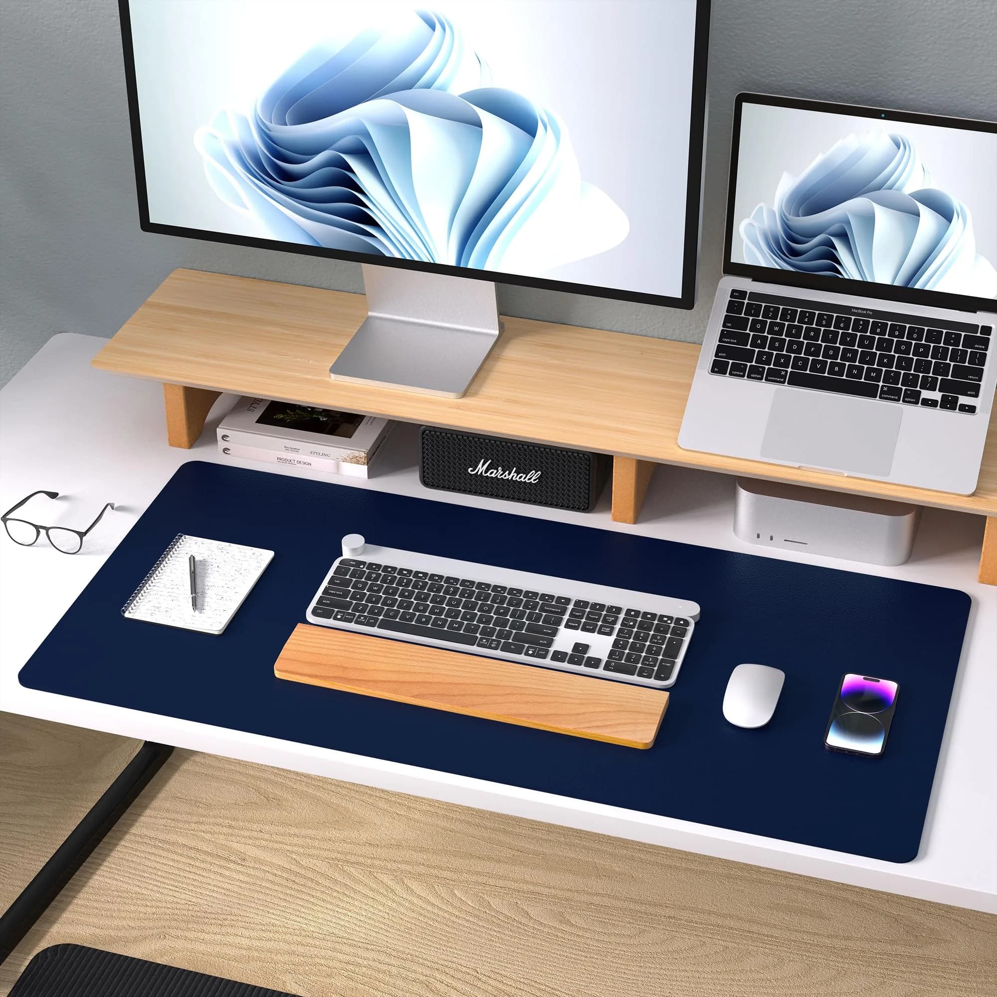 Aothia Dark Blue 36" x 17" Leather Desk Pad Protector - Premium PU Leather Mouse Pad & Office Desk Mat - view 9