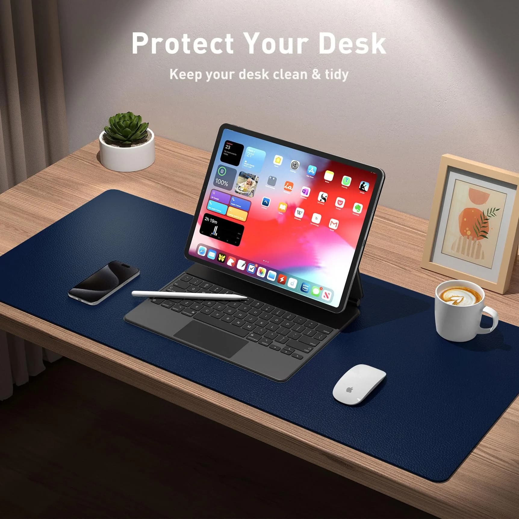Aothia Dark Blue 36" x 17" Leather Desk Pad Protector - Premium PU Leather Mouse Pad & Office Desk Mat - view 3
