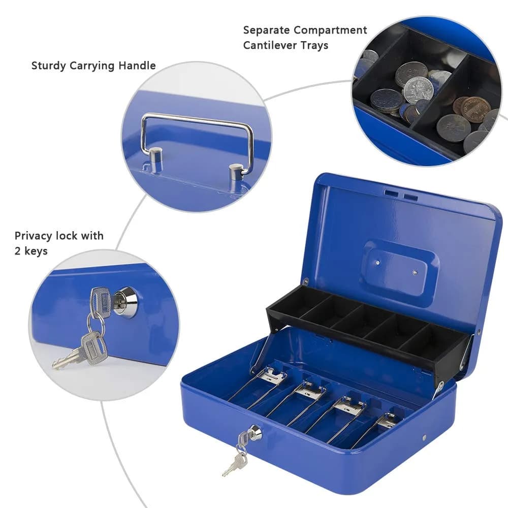 KYODOLED Locking Cash Box with Key Lock, Money Box with Cash Tray, 30cm (11.81") Blue XL Large - view 2