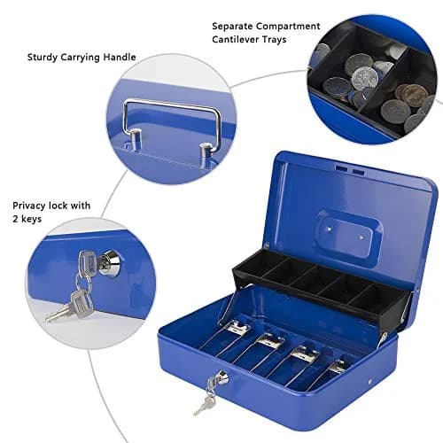 KYODOLED Locking Cash Box with Key Lock, Money Box with Cash Tray, 30cm (11.81") Blue XL Large thumbnail 2