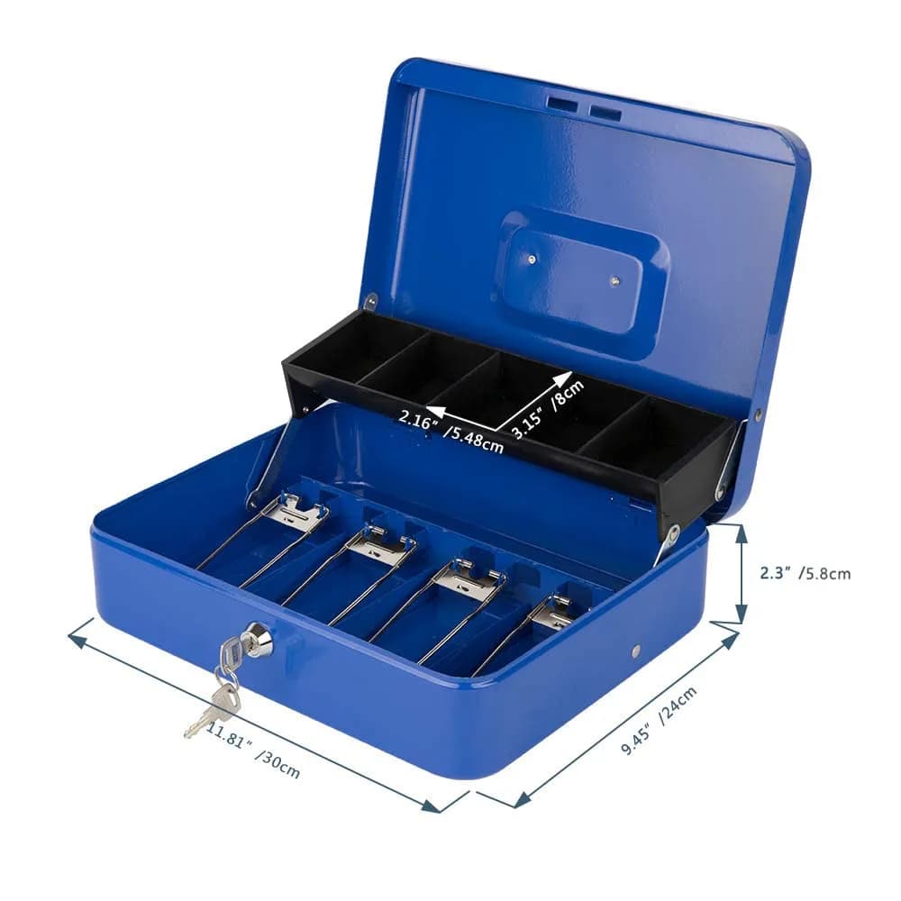 KYODOLED Locking Cash Box with Key Lock, Money Box with Cash Tray, 30cm (11.81") Blue XL Large - view 4