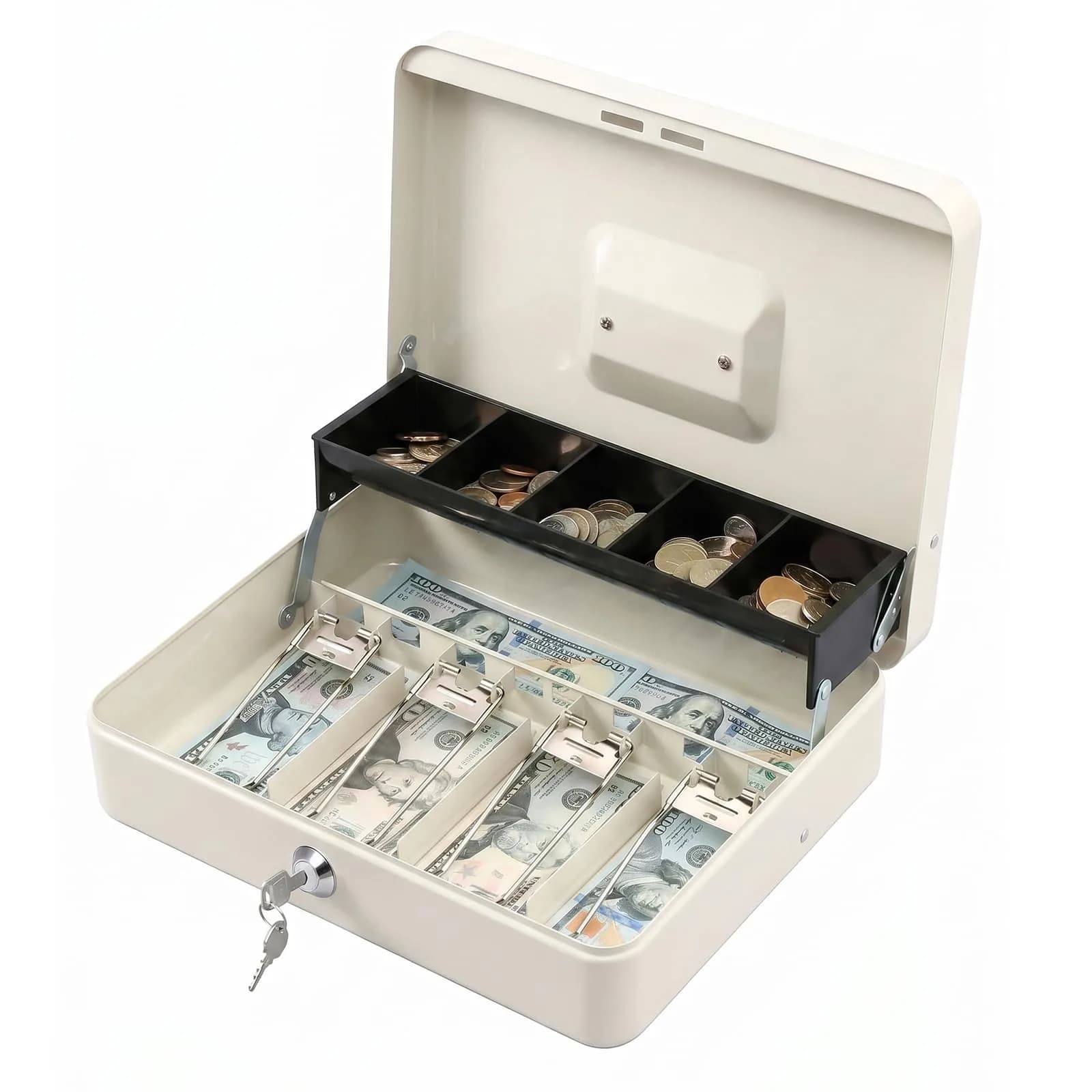 KYODOLED Locking Cash Box with Key, Money Box with Tray, White XL Large (30cm x 24cm x 9cm) - main product image