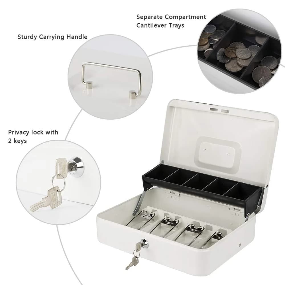 KYODOLED Locking Cash Box with Key, Money Box with Tray, White XL Large (30cm x 24cm x 9cm) - view 2