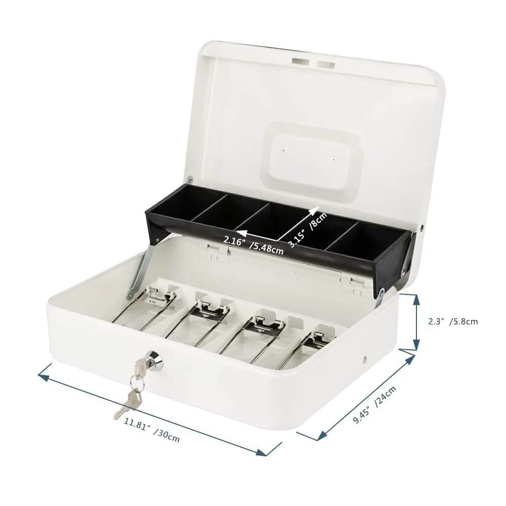 KYODOLED Locking Cash Box with Key, Money Box with Tray, White XL Large (30cm x 24cm x 9cm) - view 4