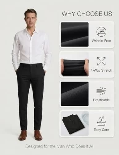 Plaid&Plain Men’s Slim Fit Dress Pants Stretch Dress Pants 8101Black 33x28 | Modern Slim Fit with Wrinkle-Free Comfort thumbnail 9