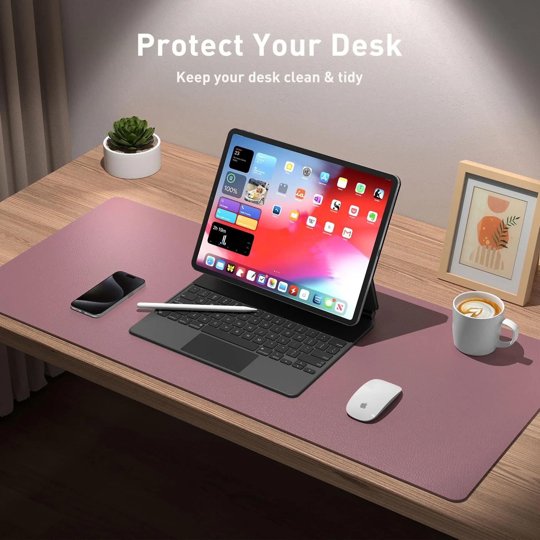 Aothia Dark Pink Desk Pad Protector 91cm x 43cm (36" x 17") | Smooth PU Leather for Office & Home - view 3