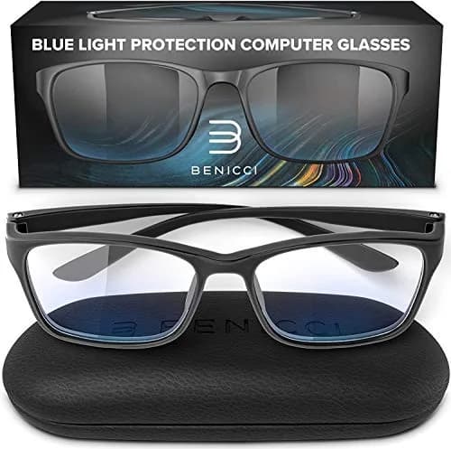Benicci Blue Light Blocking Glasses with Case | Classic Frame, Unisex Fit, Blocks Glare — Black