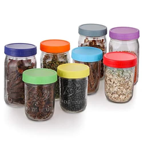 AOZITA Wide Mouth Mason Jar Lids [8 Pack, 8 Colors] 86mm (3.38 in) | Leak-Proof Plastic Storage Caps for Ball & Kerr Jars thumbnail 8
