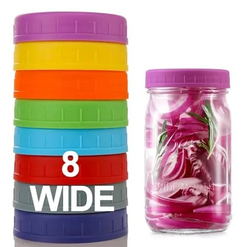 AOZITA Wide Mouth Mason Jar Lids [8 Pack, 8 Colors] 86mm (3.38 in) | Leak-Proof Plastic Storage Caps for Ball & Kerr Jars thumbnail 9