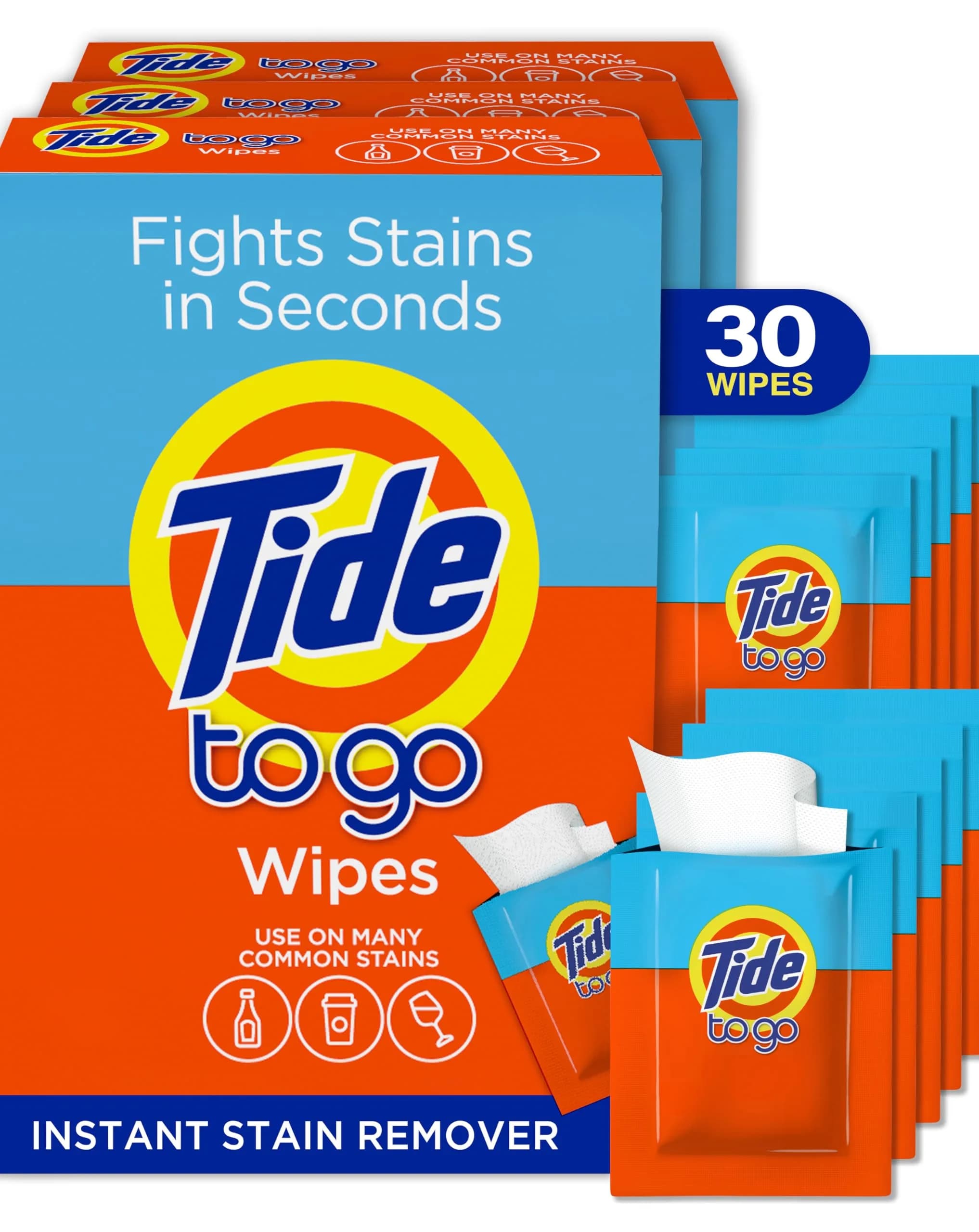 Tide To Go Stain Remover Wipes 30 Count (156 ml / 5.25 Fl Oz) | Instant Stain Removal for Clothes