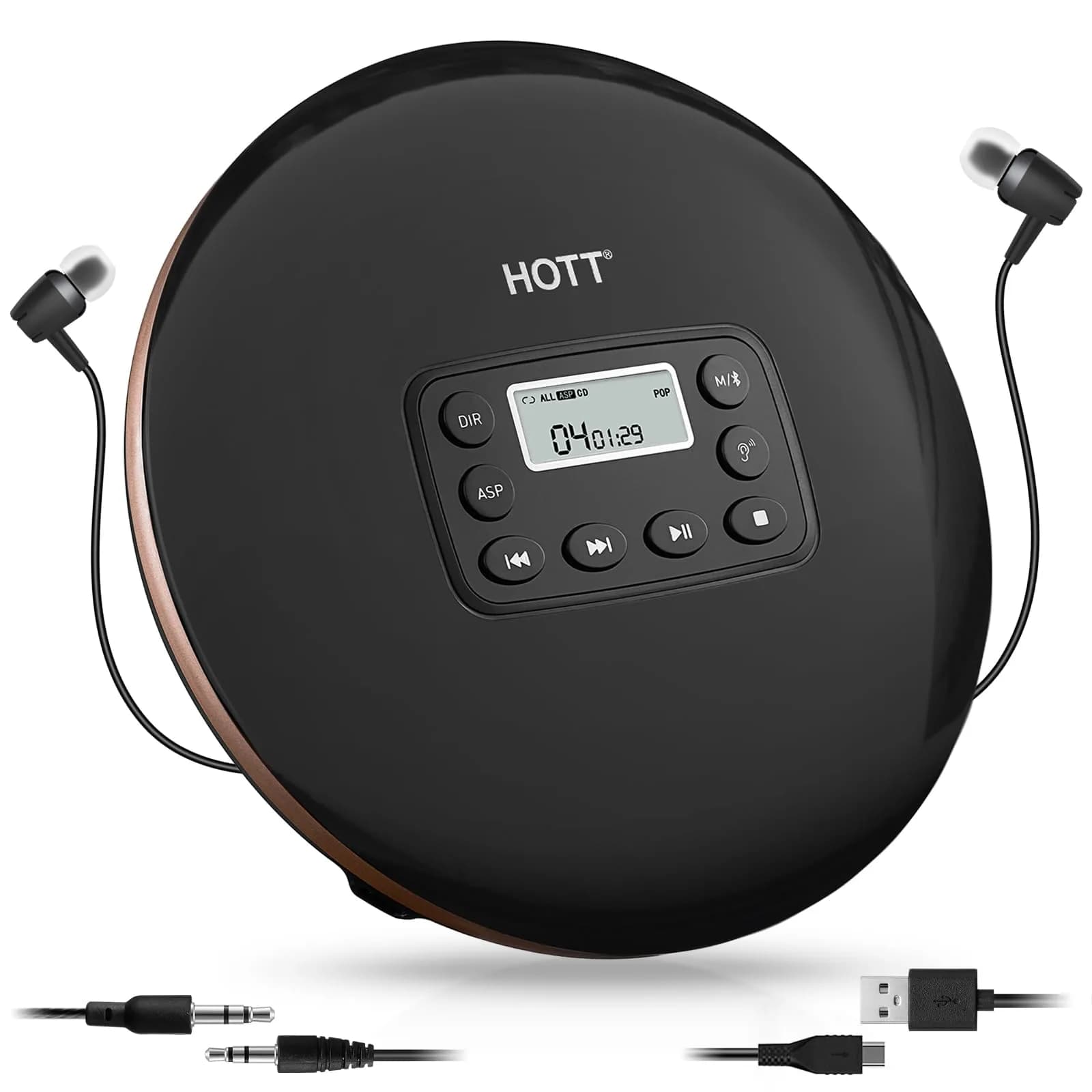 HOTT CD711T Portable CD Player with Bluetooth 5.0, 45s Anti-Shock, 7-Hour Rechargeable Battery | Black — black