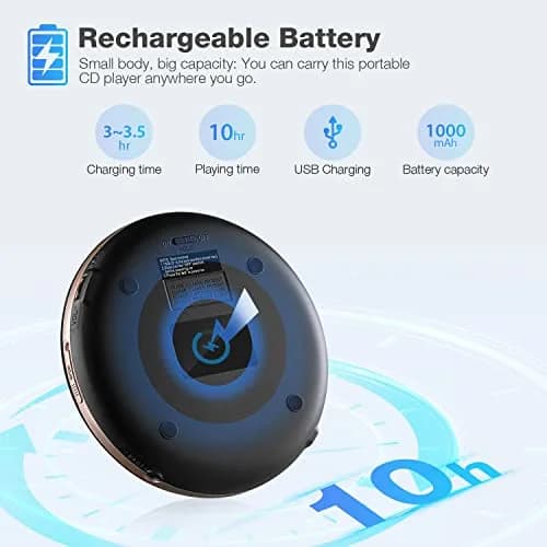 HOTT CD711T Portable CD Player with Bluetooth 5.0, 45s Anti-Shock, 7-Hour Rechargeable Battery | Black thumbnail 4