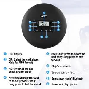 HOTT CD711T Portable CD Player with Bluetooth 5.0, 45s Anti-Shock, 7-Hour Rechargeable Battery | Black thumbnail 6